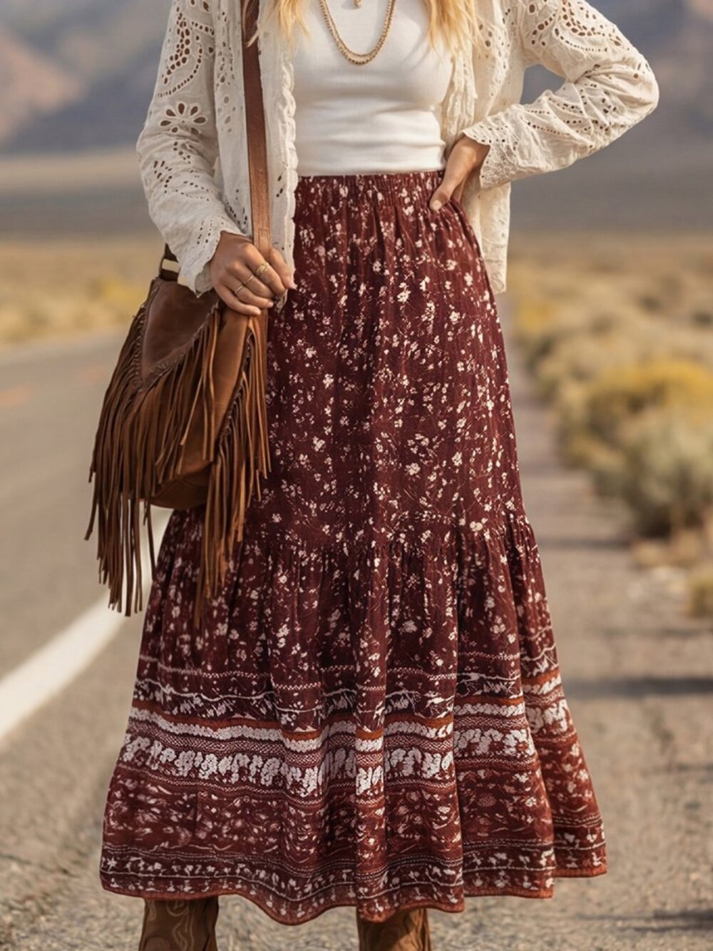 Multicolor Boho Women's Western Style Ditsy Floral Casual Skirt - Picture 6 of 8